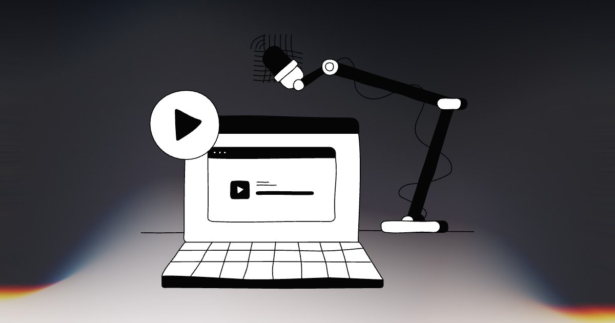 Hand-drawn laptop and studio microphone on a boom arm, with a large play icon beside the screen