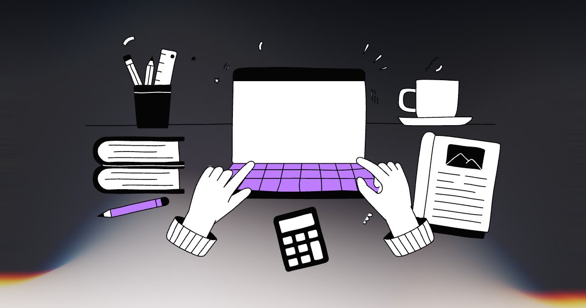Top-down desk with hands on a laptop, coffee, books, and a calculator