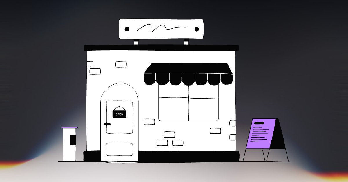 Hand-drawn storefront with an OPEN sign and a sandwich board out front