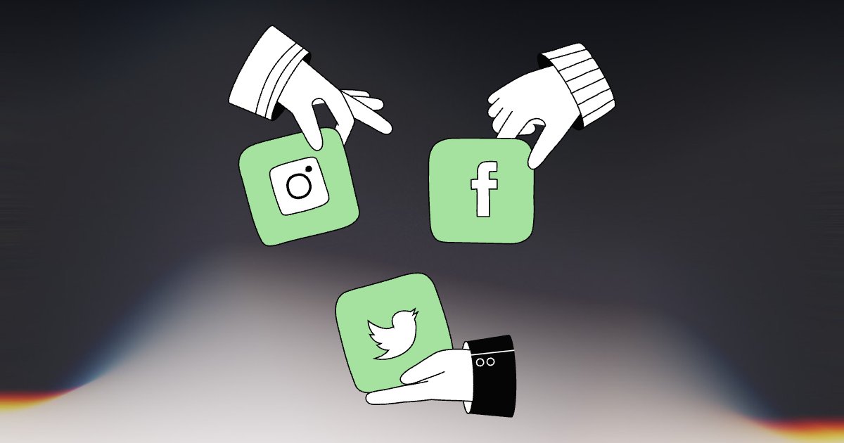 Three hands holding Instagram, Facebook, and Twitter icons against a soft gradient background