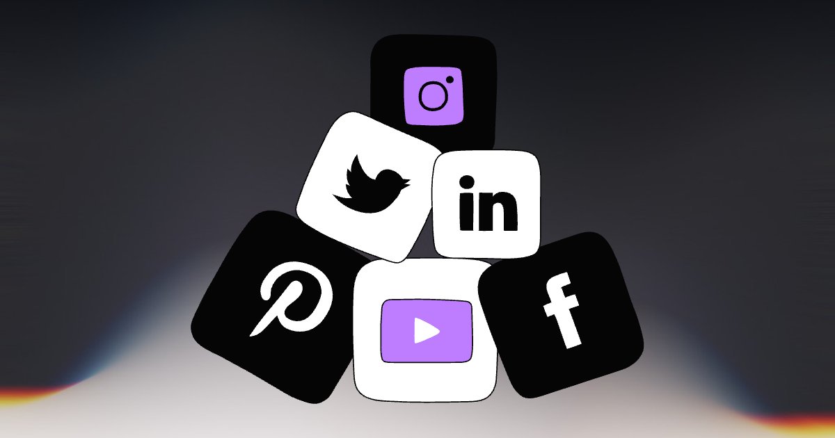 Stacked Instagram, Twitter, LinkedIn, Pinterest, YouTube, and Facebook icons against a soft abstract background