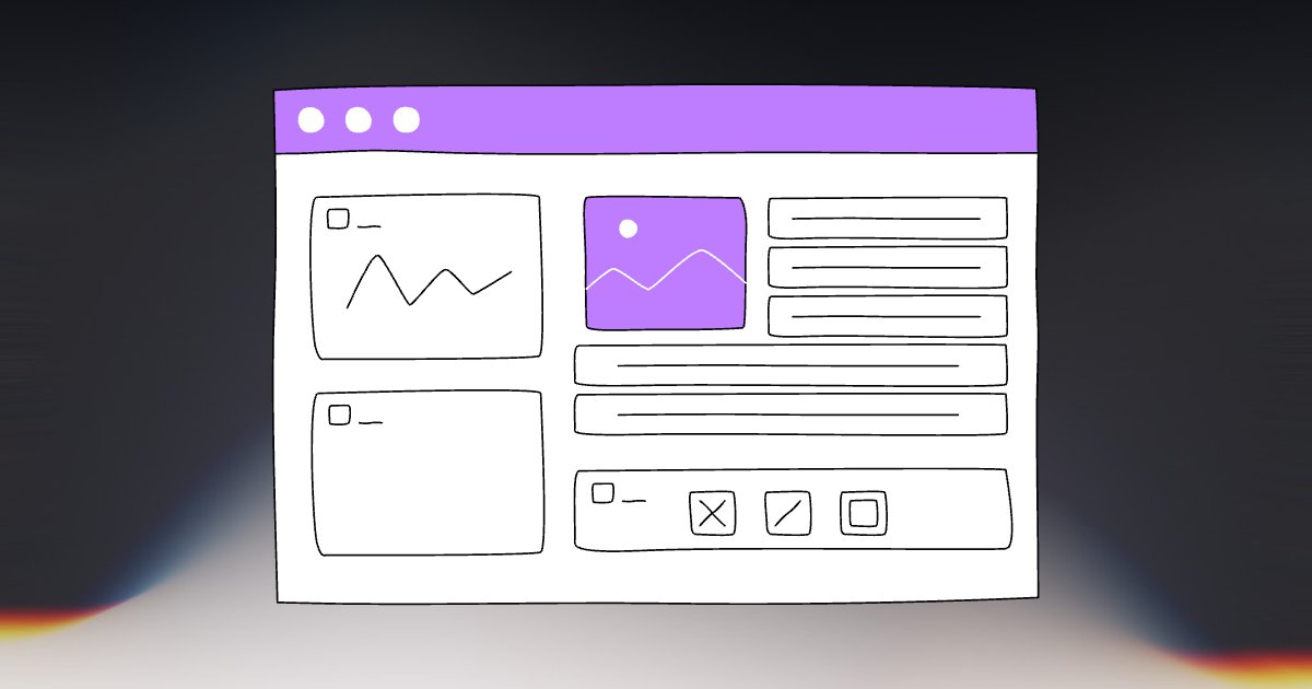 Hand-drawn website wireframe with sidebar charts and a purple header
