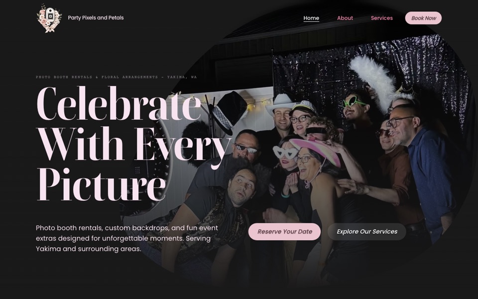 Party, Pixels & Petals event services homepage